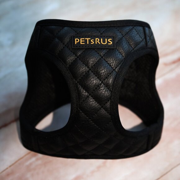 PETsRUS Black Gold Step In Vest Dog Harness Quilted Vegan Leather Luxury - Picture 1 of 7